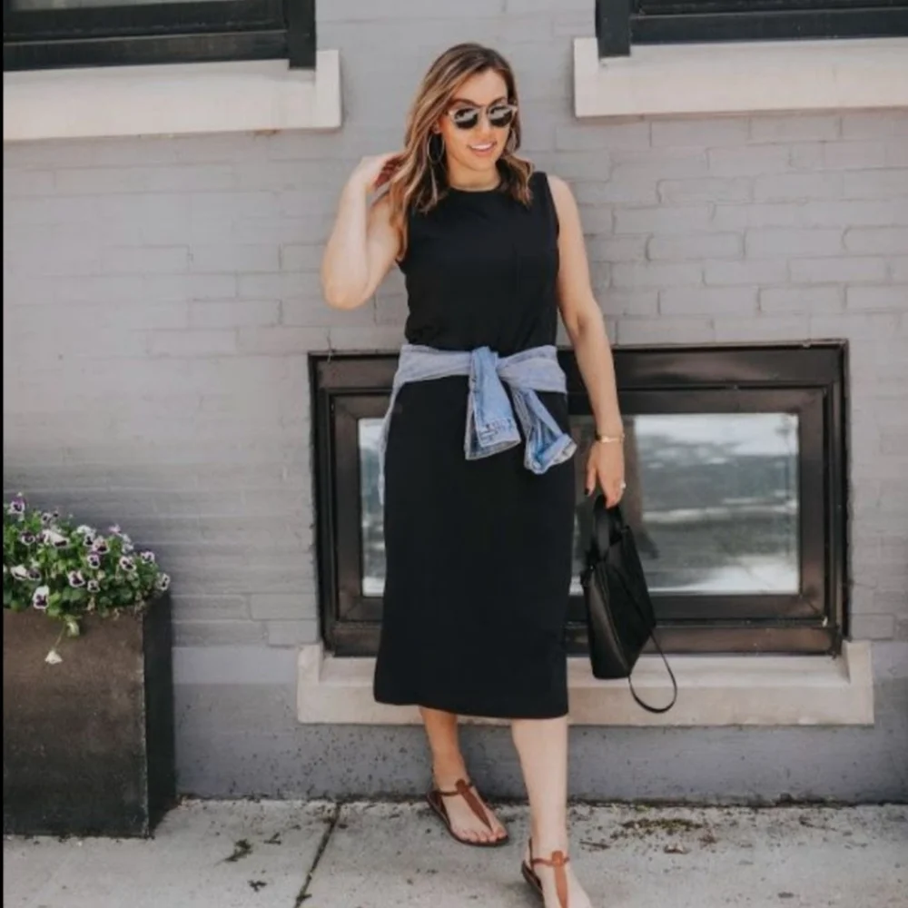 Everlane The Long Weekend Sleeveless Side Slit Midi Dress Cotton Black Small - Picture 4 of 10
